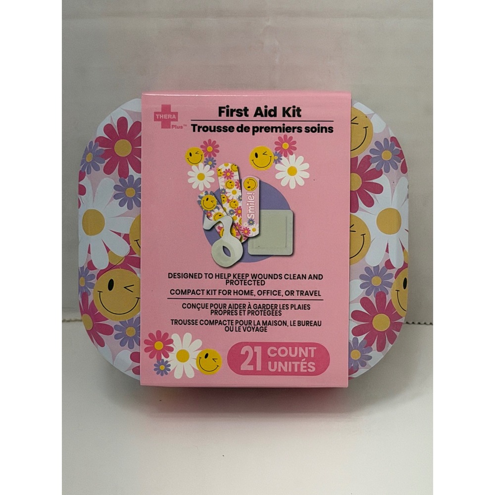 Thera Plus First Aid Kit 21 Count Smiley Face Floral Decorative Tin Pink New